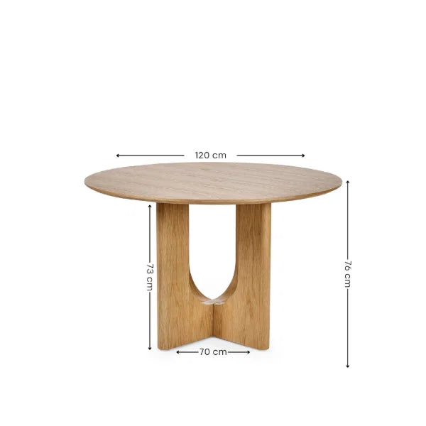 Cellini round oak-effect dining table with sculptural intersecting base in a modern dining room setting