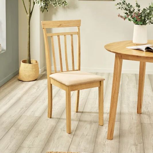 Coast Set of 2 Natural Oak Slat Back Dining Chairs – Upholstered Seats (Pre-order – May)