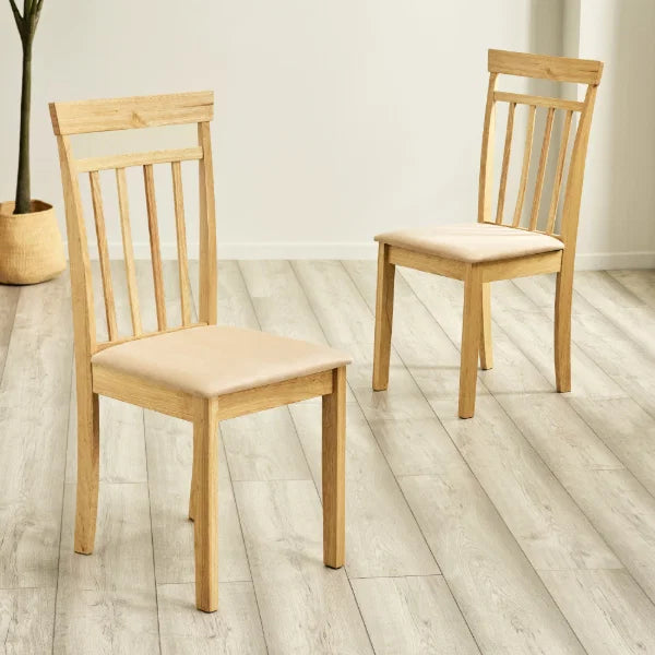 Coast Set of 2 Natural Oak Slat Back Dining Chairs – Upholstered Seats (Pre-order – May)