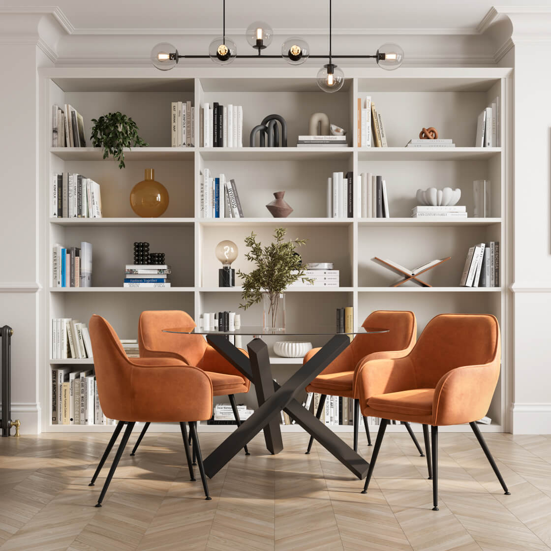 LPD Furniture Capri clear glass dining table with matte black legs in a modern dining setting