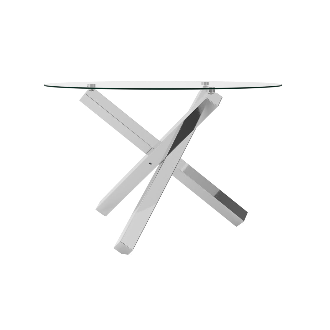 LPD Furniture Capri clear glass dining table with polished silver legs in a modern dining setting