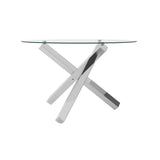 LPD Furniture Capri clear glass dining table with polished silver legs in a modern dining setting