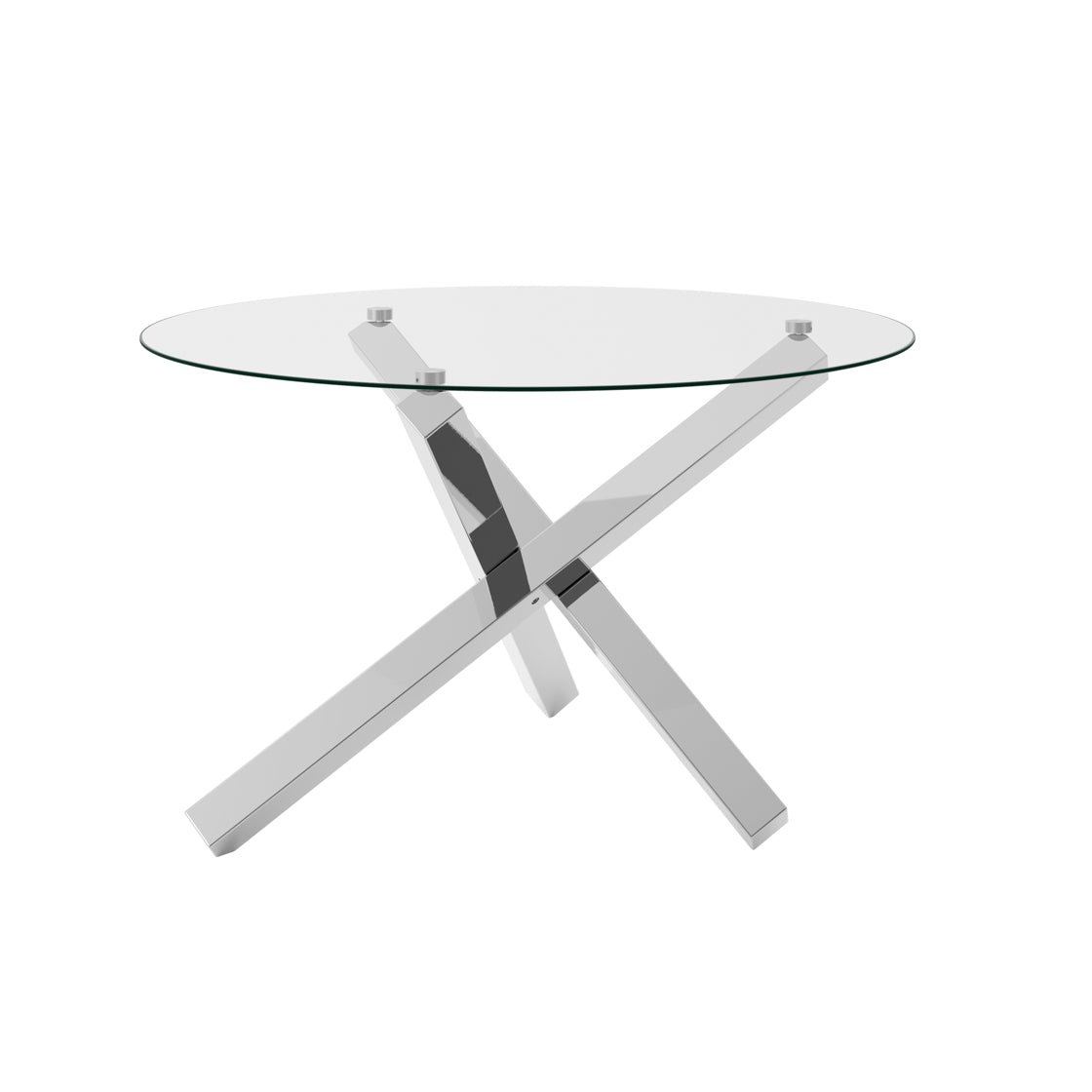 LPD Furniture Capri clear glass dining table with polished silver legs in a modern dining setting