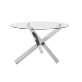 LPD Furniture Capri clear glass dining table with polished silver legs in a modern dining setting