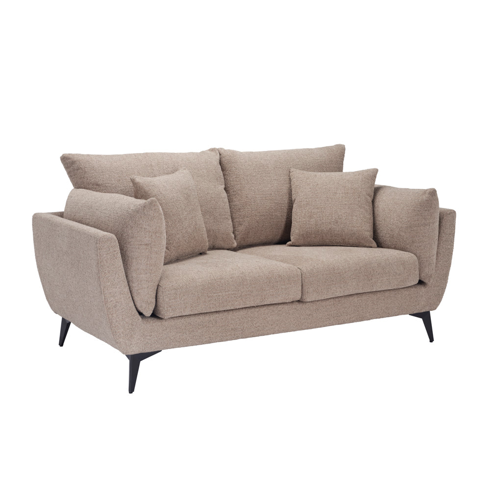 LPD Furniture Carter taupe 2 seater sofa with pillow-shaped design, matte black legs, and scatter cushions in a modern living room setting