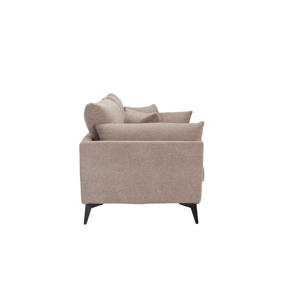 LPD Furniture Carter taupe 2 seater sofa with pillow-shaped design, matte black legs, and scatter cushions in a modern living room setting