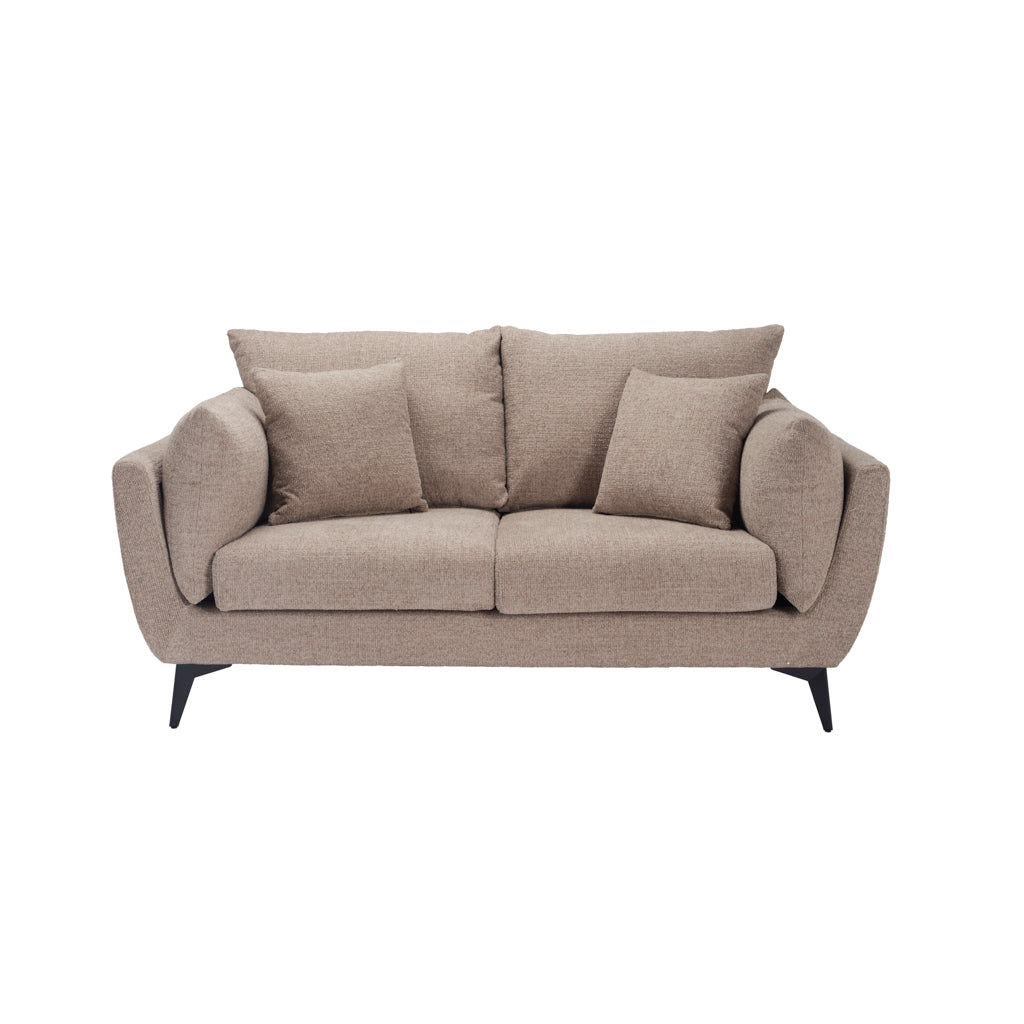 LPD Furniture Carter taupe 2 seater sofa with pillow-shaped design, matte black legs, and scatter cushions in a modern living room setting