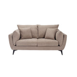 LPD Furniture Carter taupe 2 seater sofa with pillow-shaped design, matte black legs, and scatter cushions in a modern living room setting