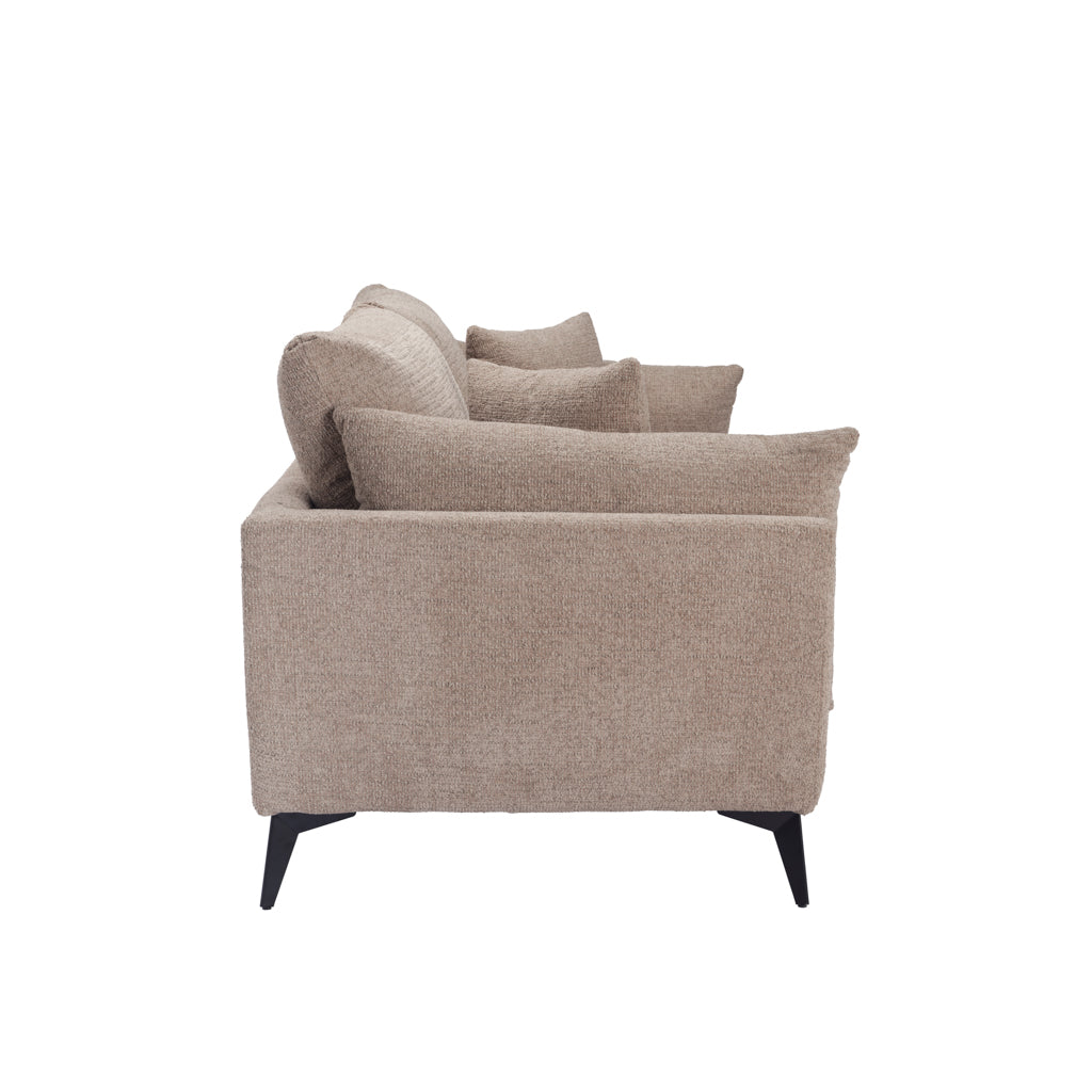 LPD Furniture Carter taupe 3 seater sofa with pillow-shaped design, matte black legs, and scatter cushions in a modern living room setting