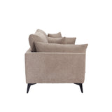 LPD Furniture Carter taupe 3 seater sofa with pillow-shaped design, matte black legs, and scatter cushions in a modern living room setting
