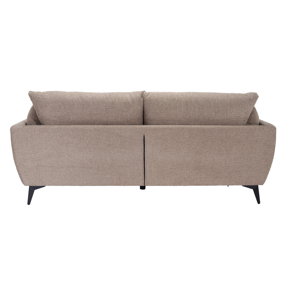 LPD Furniture Carter taupe 3 seater sofa with pillow-shaped design, matte black legs, and scatter cushions in a modern living room setting