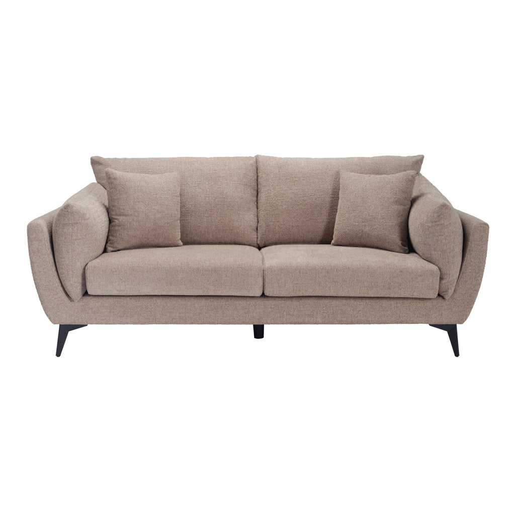 LPD Furniture Carter taupe 3 seater sofa with pillow-shaped design, matte black legs, and scatter cushions in a modern living room setting