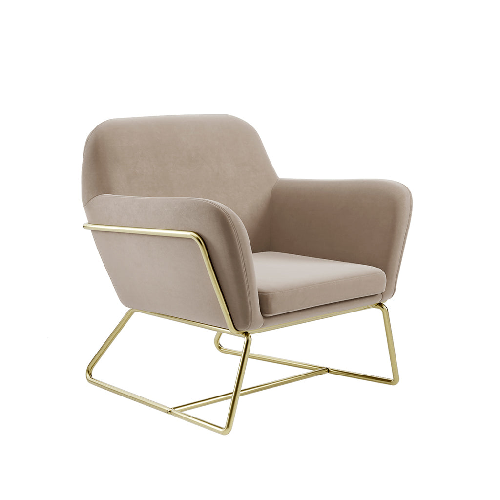 LPD Furniture Charles beige velvet armchair with brushed gold frame in a modern living room setting