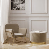 LPD Furniture Charles beige velvet armchair with brushed gold frame in a modern living room setting