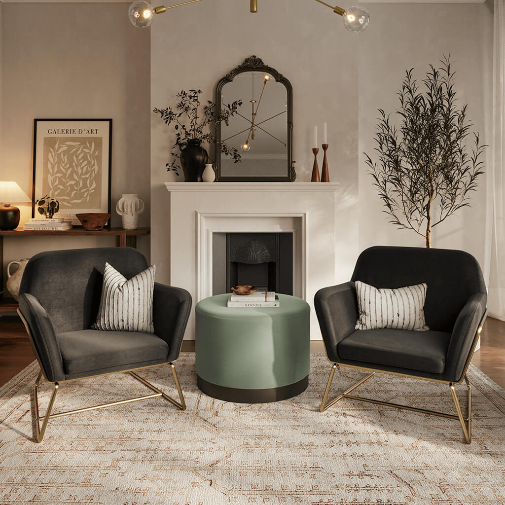 LPD Furniture Charles beige velvet armchair with brushed gold frame in a modern living room setting