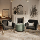 LPD Furniture Charles beige velvet armchair with brushed gold frame in a modern living room setting