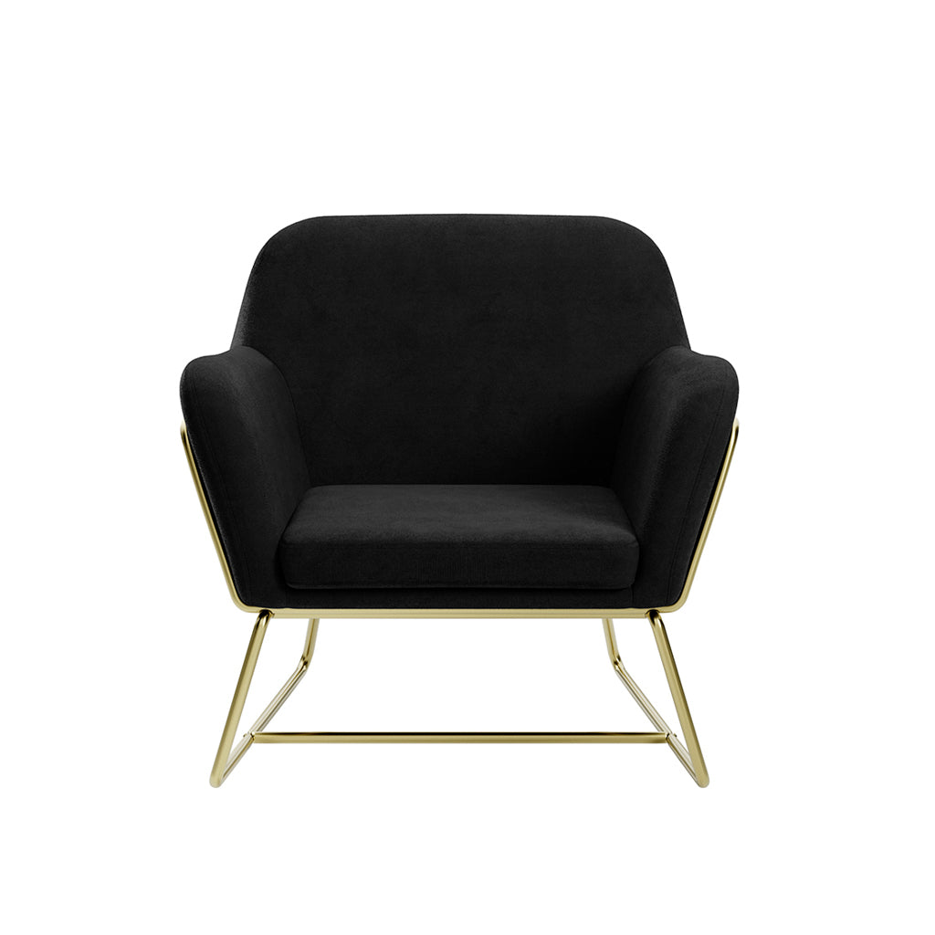 LPD Furniture Charles beige velvet armchair with brushed gold frame in a modern living room setting