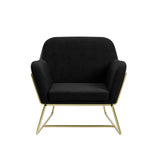 LPD Furniture Charles beige velvet armchair with brushed gold frame in a modern living room setting