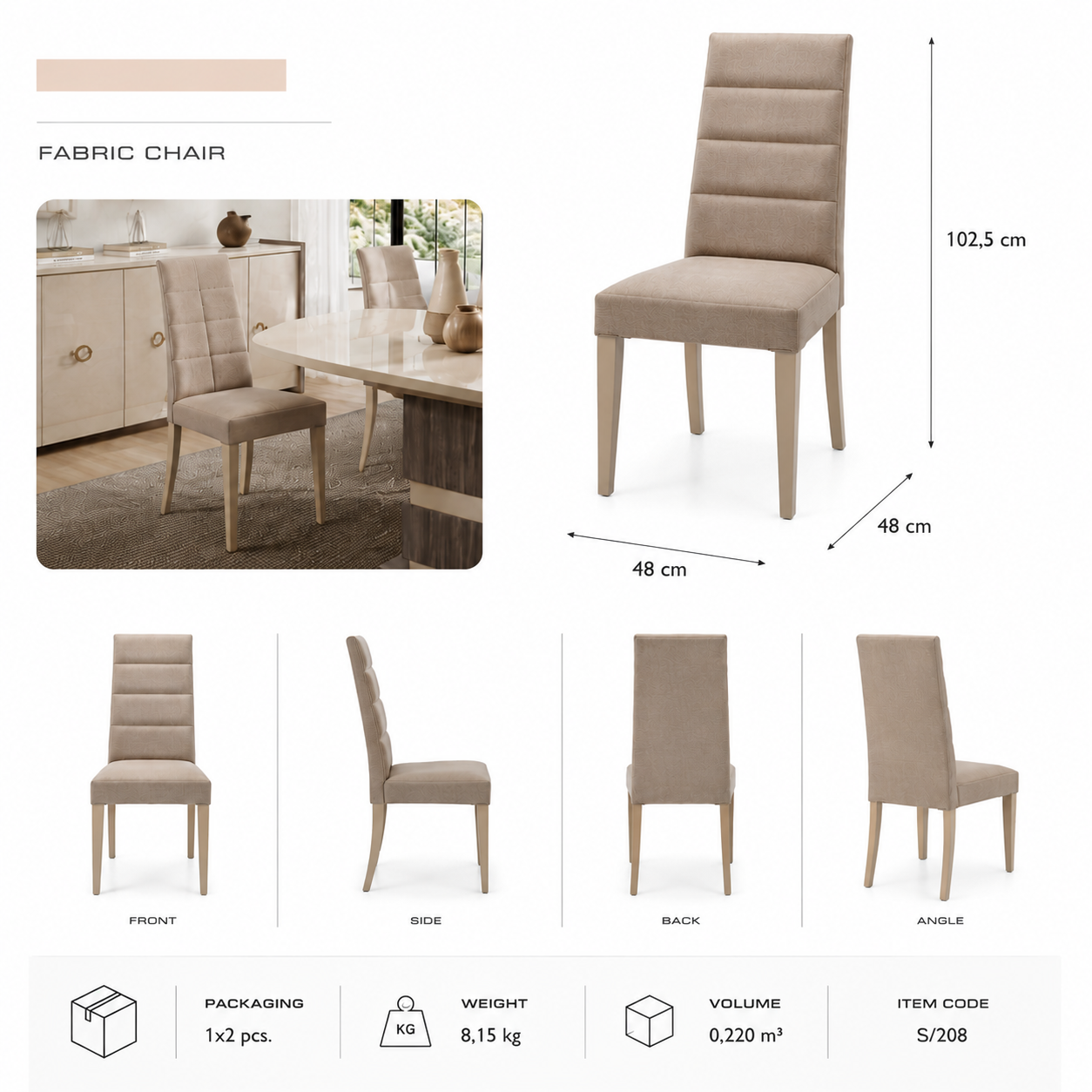Fabric Dining Chair – Italian Design, Cushioned Seat