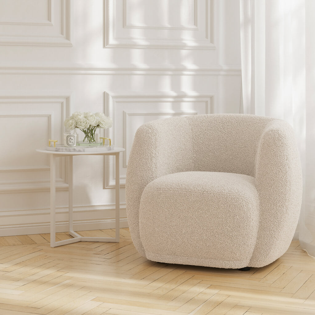 LPD Furniture Clay bluebell sherpa tub chair in a cozy living room setting
