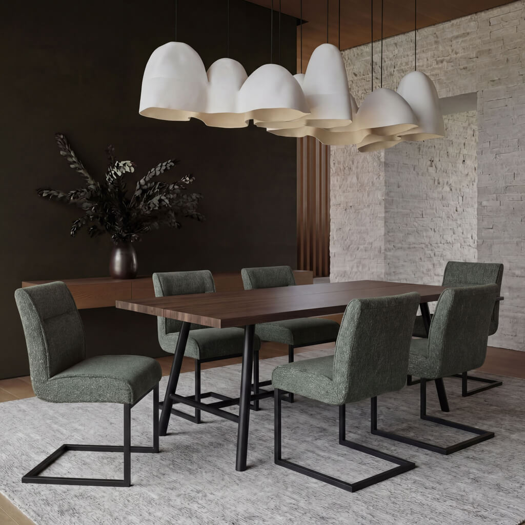 LPD Furniture Cleaver desert sage tweed dining chair with matte black cantilever legs in a modern dining setting