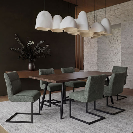 LPD Furniture Cleaver desert sage tweed dining chair with matte black cantilever legs in a modern dining setting