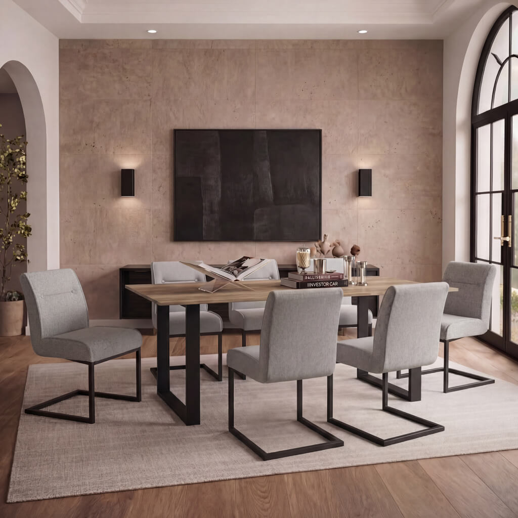 LPD Furniture Cleaver smoked pearl tweed dining chair with matte black cantilever legs in a modern dining setting