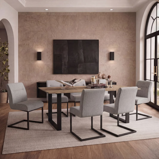 LPD Furniture Cleaver smoked pearl tweed dining chair with matte black cantilever legs in a modern dining setting