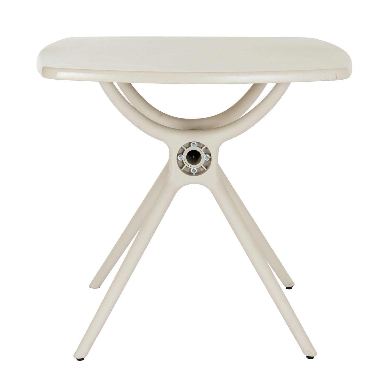 Close-up of Hill Interiors Alto putty grey table showcasing the plastic texture and finish