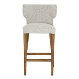 Close-up of Hill Interiors Avia mist grey barstool showcasing the fabric texture and stitching details