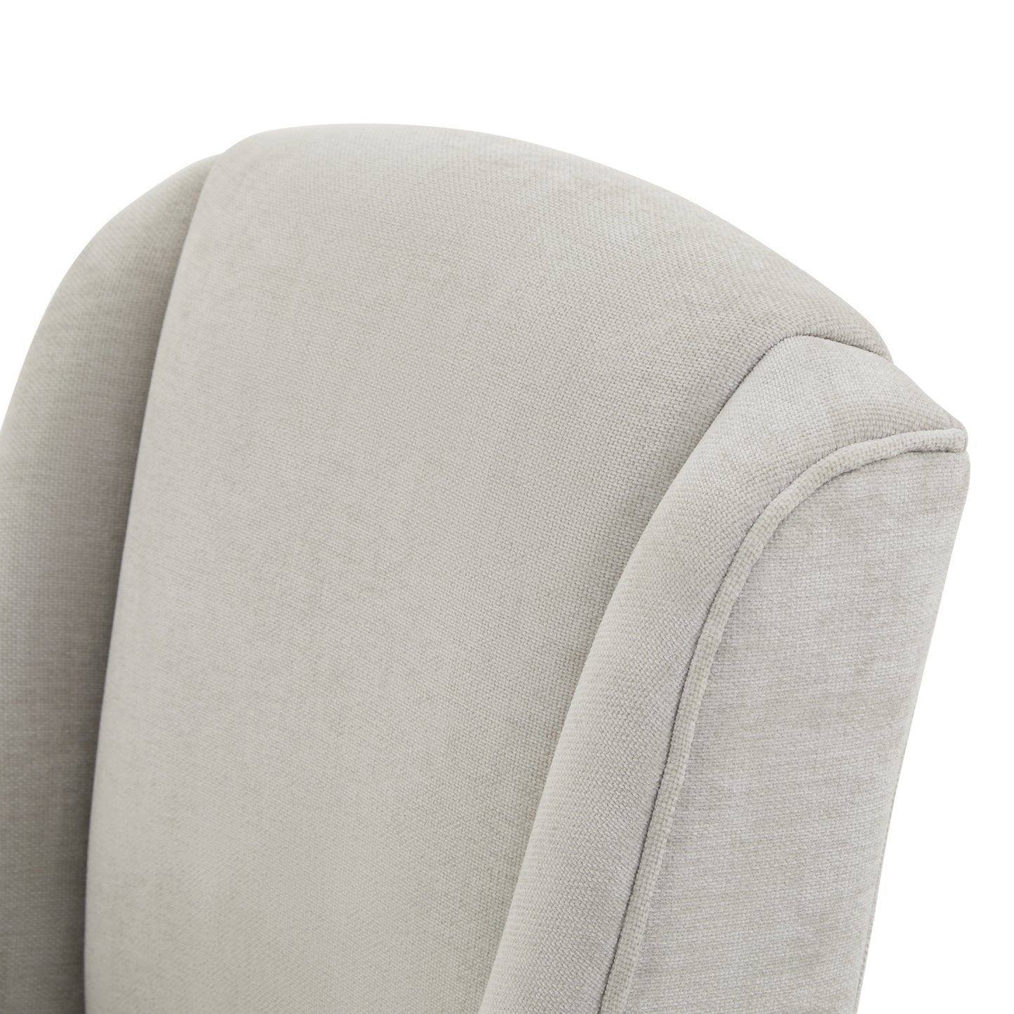 	Close-up of Hill Interiors Compton grey dining chair showcasing the light grey woven fabric texture and stitching