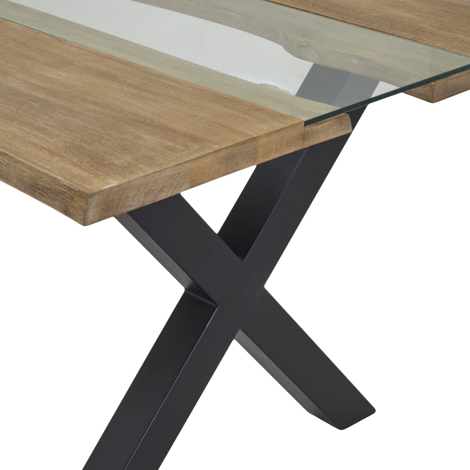Close-up of Hill Interiors Live Edge table showcasing the acacia wood grain and clear resin river detail