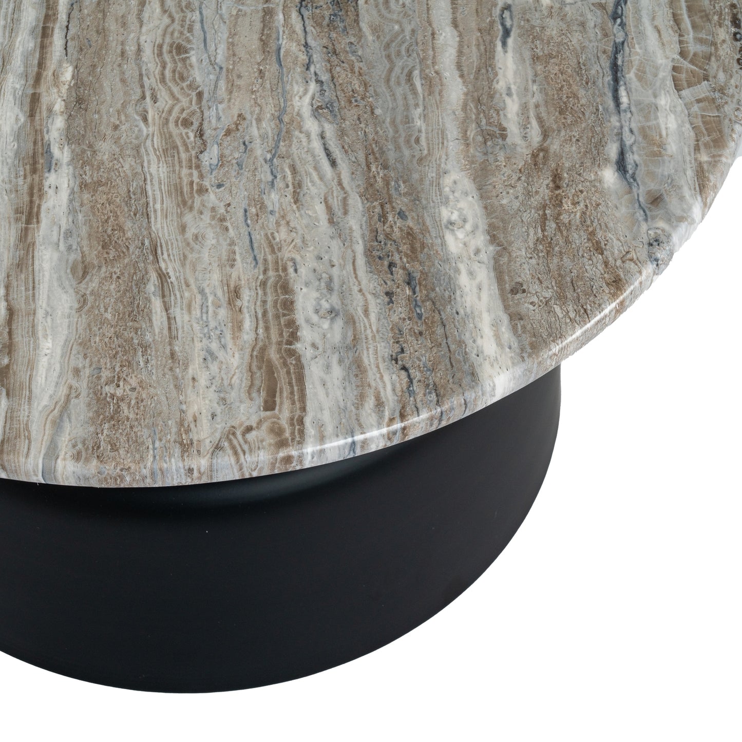	Close-up of Hill Interiors Oura coffee table showcasing the wood grain and metal finish