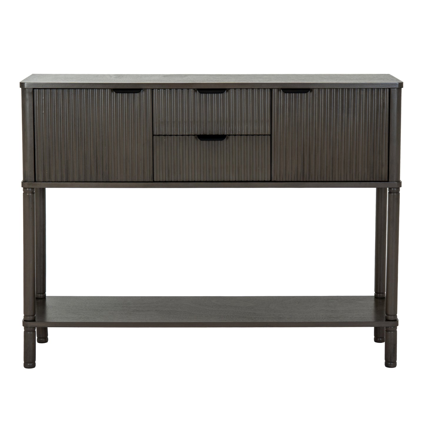 Close-up of Hill Interiors Reed Collection console showcasing the wood grain and handles