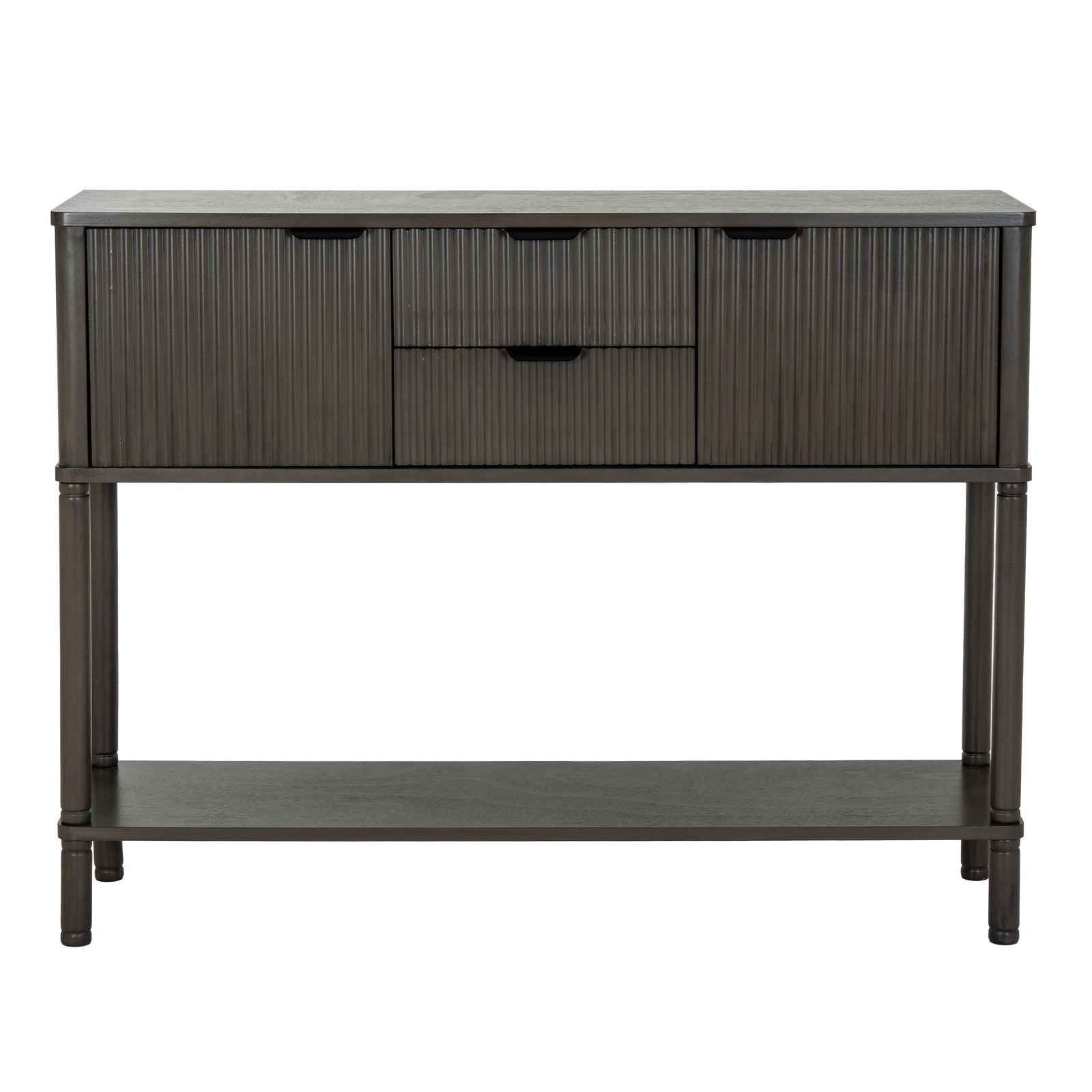 Close-up of Hill Interiors Reed Collection console showcasing the wood grain and handles