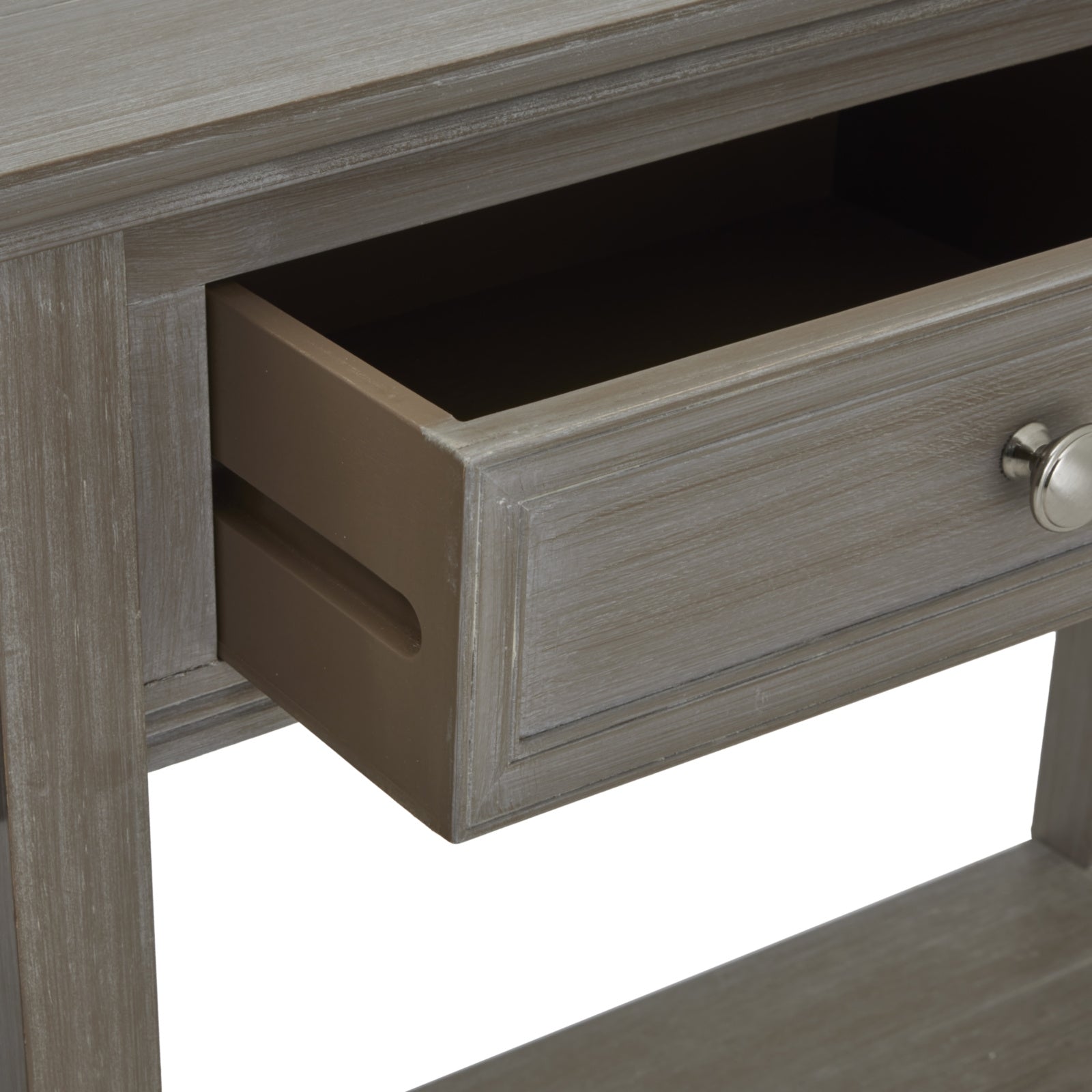 Close-up of Hill Interiors Serene Collection console table showcasing the wood grain and drawer handles