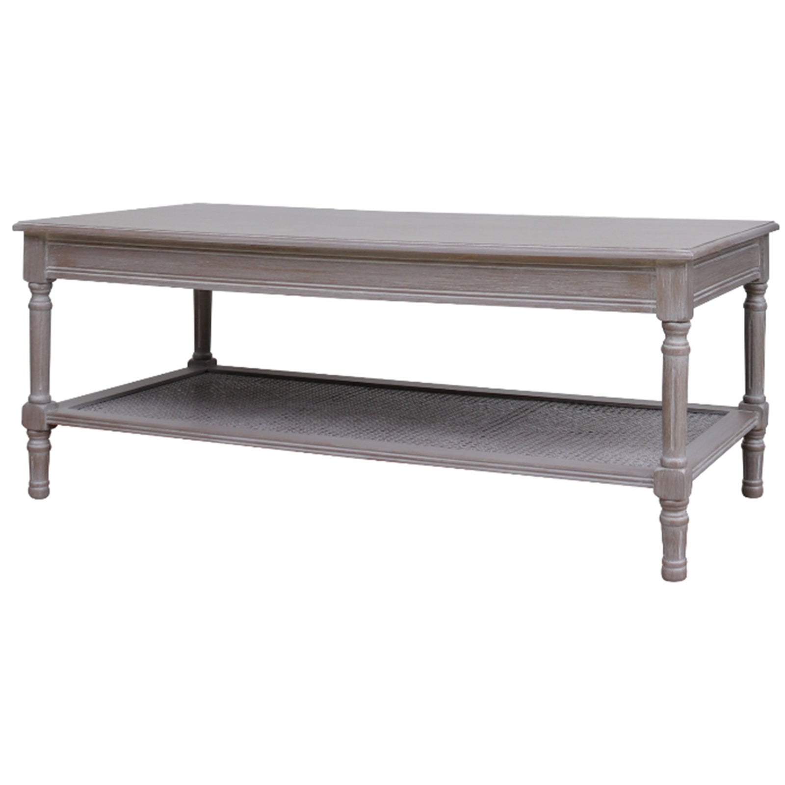 Close-up of Hill Interiors Serene Rattan coffee table showcasing the natural rattan weave and wood grain