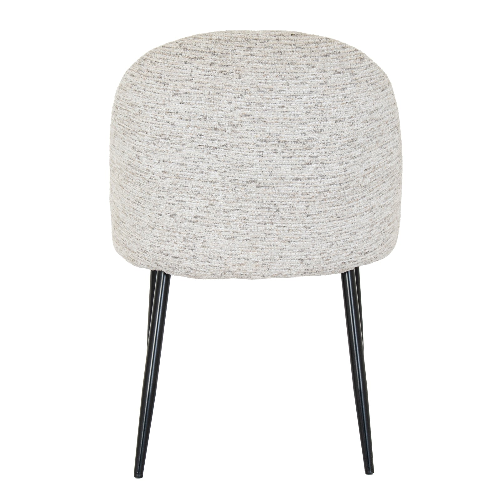 Side view of Hill Interiors Sorelle white dining chair showing the fabric upholstery and metal frame