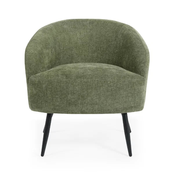 Dahlia olive green accent chair with curved backrest in a modern living room setting