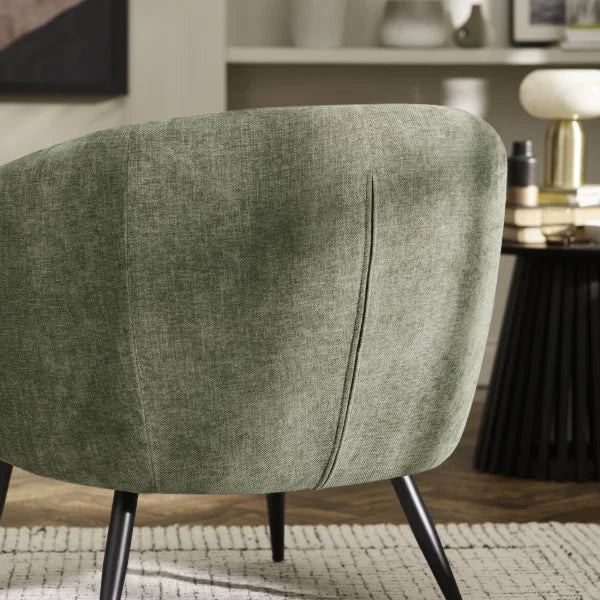 Dahlia Accent Chair – Olive Green – Curved Backrest with Sleek Metal Legs (Pre-order – June)