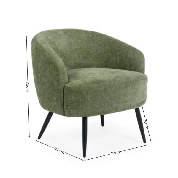 Dahlia olive green accent chair with curved backrest in a modern living room setting