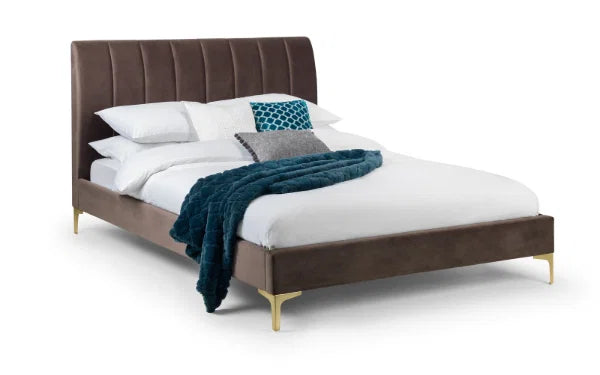 Deco Velvet Bed – Truffle Velvet – Scalloped Headboard with Brushed Gold Metal Feet