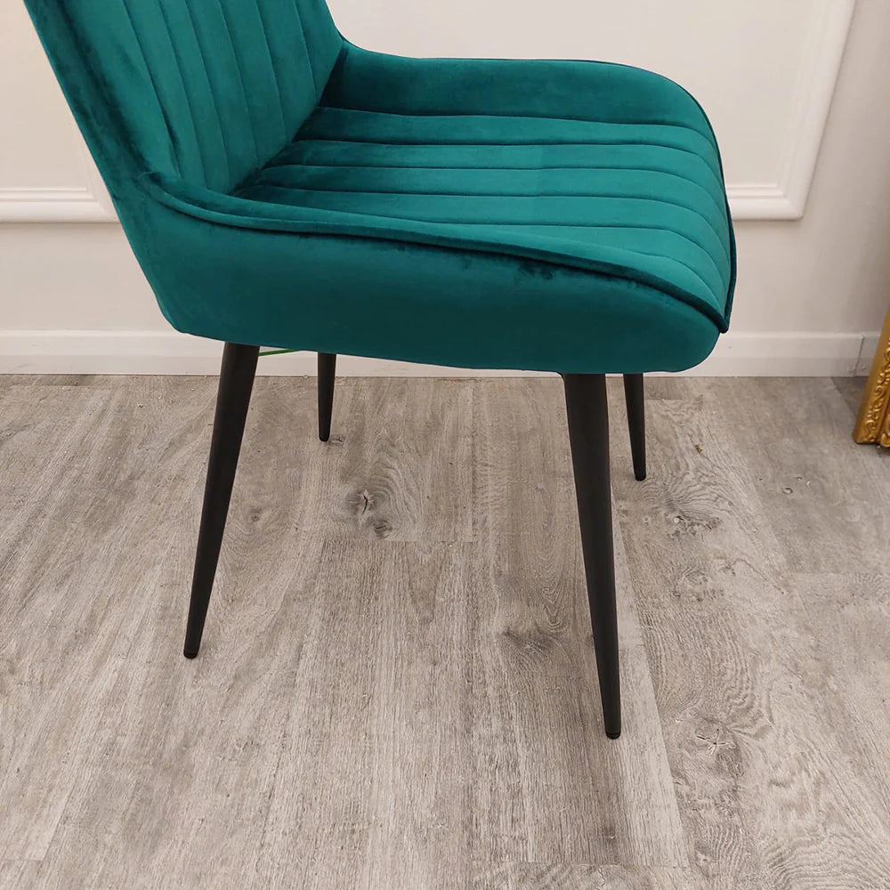 Furnish365 Dido velvet dining chair in Scandinavian style with line stitch back detail in a modern dining setting