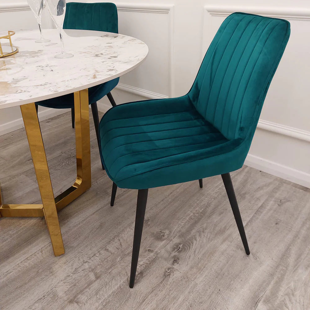 Furnish365 Dido velvet dining chair in Scandinavian style with line stitch back detail in a modern dining setting