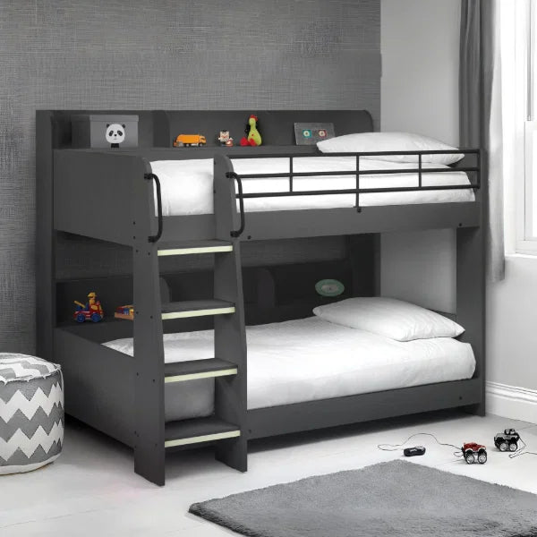 Domino Bunk Bed – Anthracite – Storage Shelving with Luminous Glow-in-the-Dark Ladder