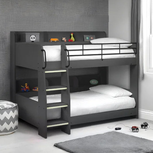 Domino Bunk Bed – Anthracite – Storage Shelving with Luminous Glow-in-the-Dark Ladder
