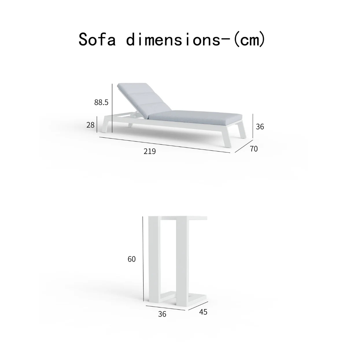 ALUXO Dasia white reclining sun lounger with matching side table in a modern garden setting
