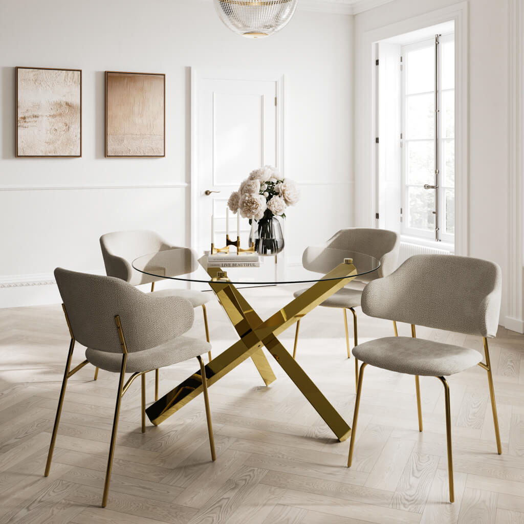 	LPD Furniture Dorchester wheat weave dining chair with brushed gold legs in a modern dining setting