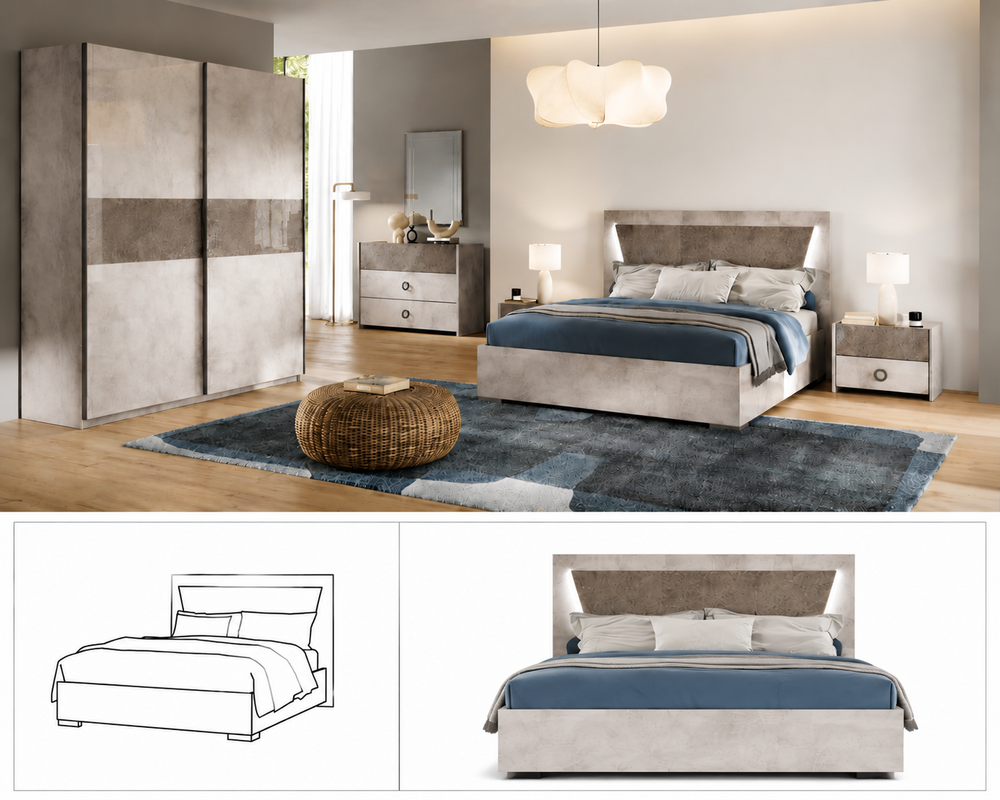 Double Bed with LED – Italian Design, 140x190 cm, Modern Headboard