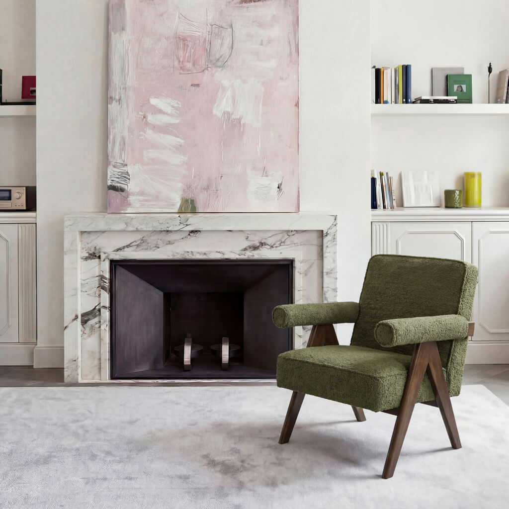 LPD Furniture Ember leaf herringbone chenille accent chair with walnut legs in a modern living room setting